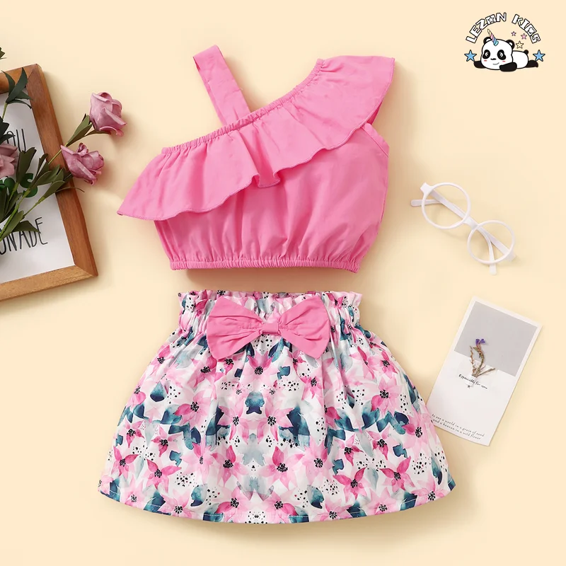 Summer Girl Set One-Shoulder Lotus Leaf Collar Blouse Floral Skirt Two-Piece Set