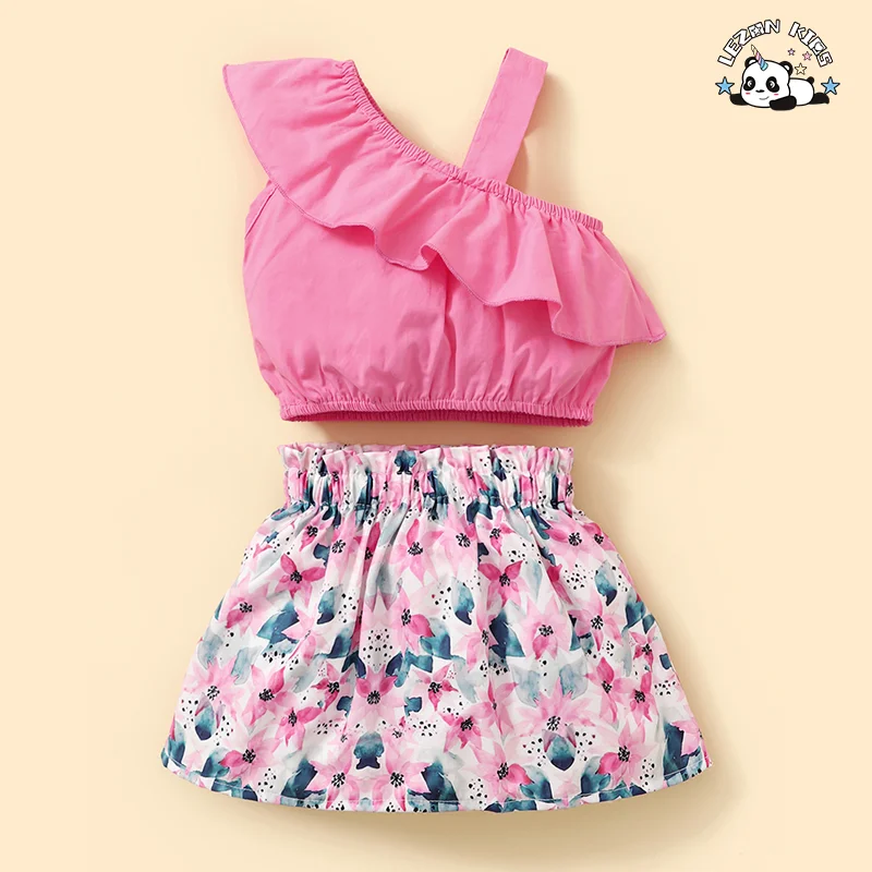 Summer Girl Set One-Shoulder Lotus Leaf Collar Blouse Floral Skirt Two-Piece Set - Product Image