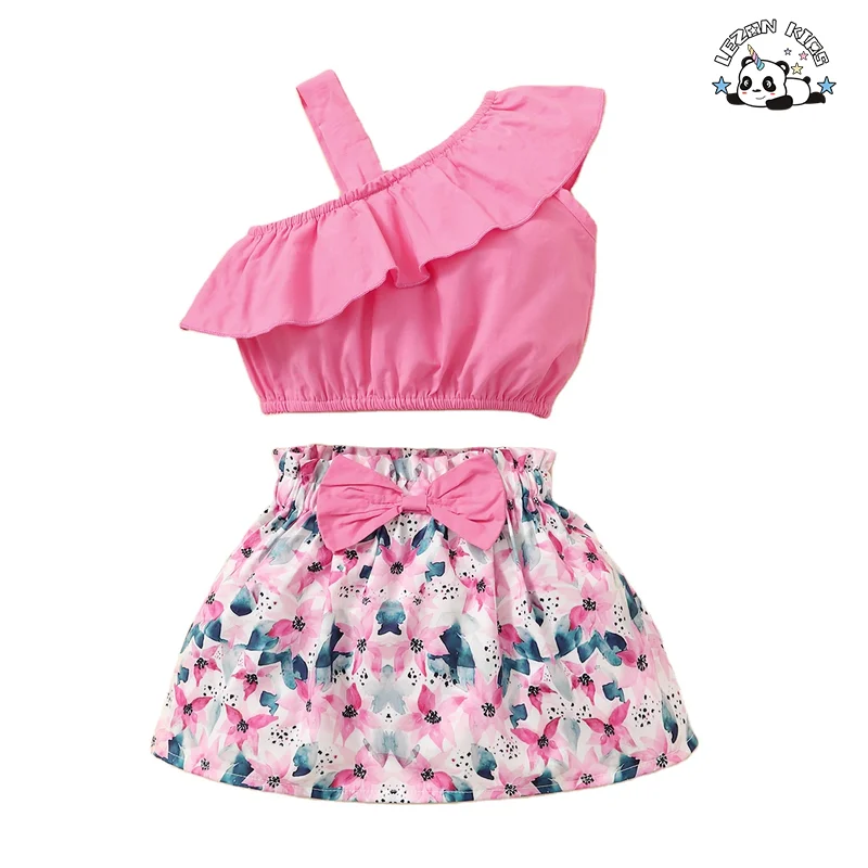 Summer Girl Set One-Shoulder Lotus Leaf Collar Blouse Floral Skirt Two-Piece Set - Product Image