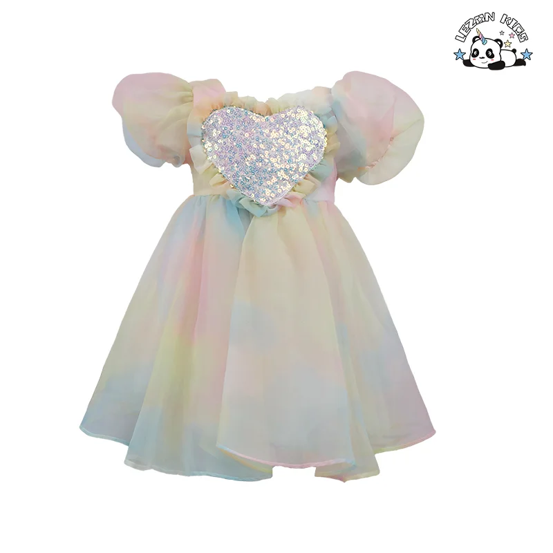 Vestido de Princesa com Manga Bolha Arco-Íris para Meninas no Verão, Saia Infantil Doce para Apresentações