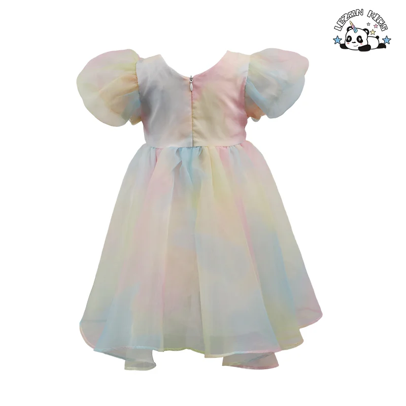 Vestido de Princesa com Manga Bolha Arco-Íris para Meninas no Verão, Saia Infantil Doce para Apresentações - Product Image