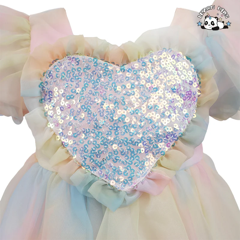 Vestido de Princesa com Manga Bolha Arco-Íris para Meninas no Verão, Saia Infantil Doce para Apresentações - Product Image