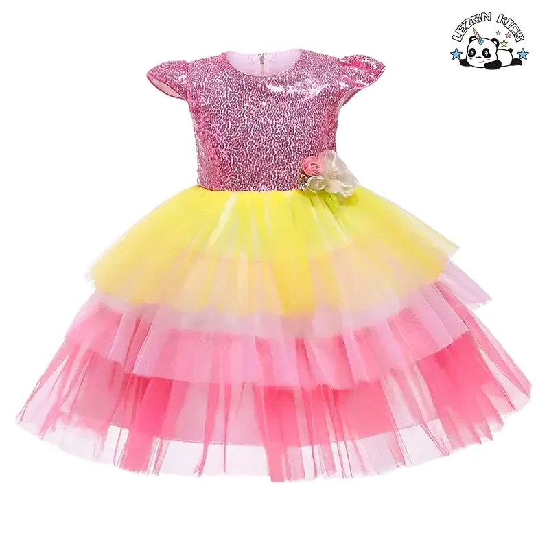 Summer Jacquard Sequins Princess Skirt Hot-Sale Performance Rainbow Cake Girls' Ball Gown Girls' Dress