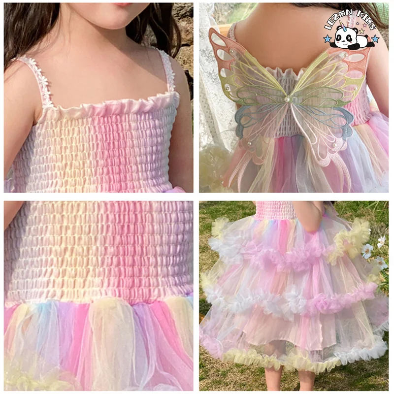 Summer New Fashion Neon Slip Dress Baby Girls Layered Princess Short Sleeves Western Style Ball Gowns Design Mesh Dress - Product Image