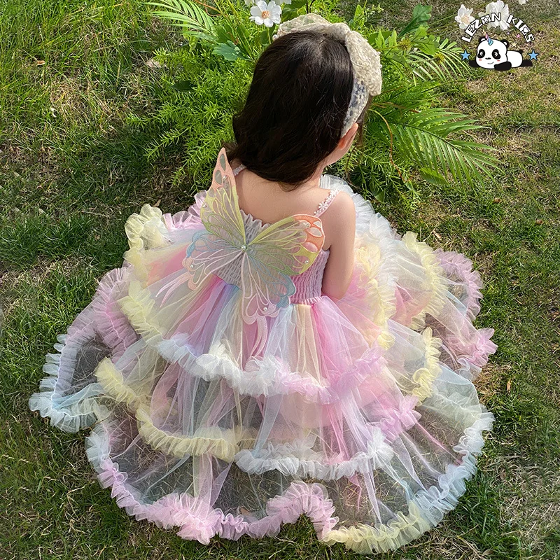 Summer New Fashion Neon Slip Dress Baby Girls Layered Princess Short Sleeves Western Style Ball Gowns Design Mesh Dress - Product Image