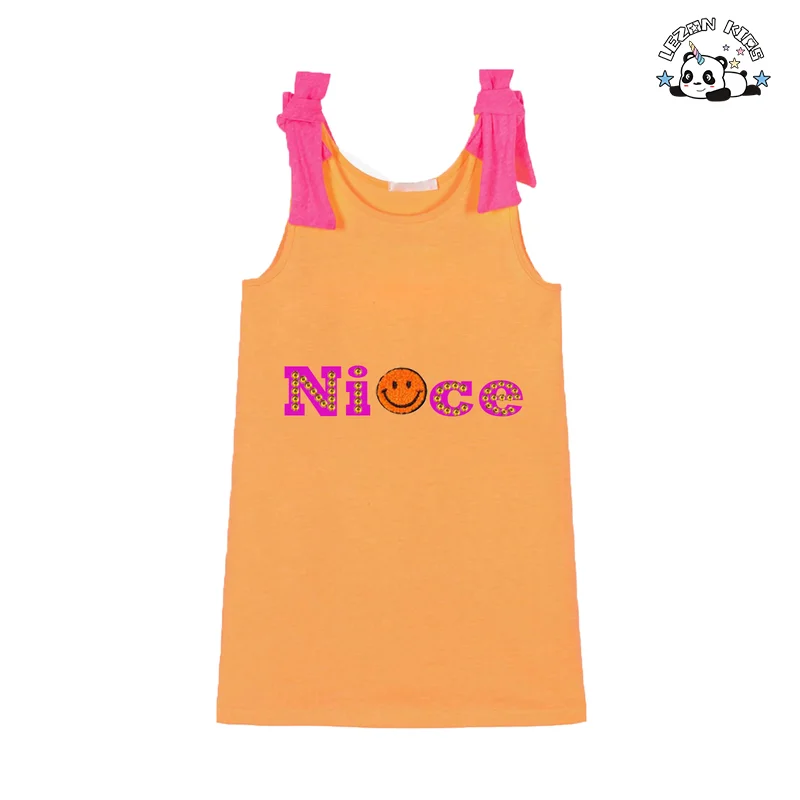 Vestido de verão OEM ODM sem mangas com estampas laranja para meninas até o joelho