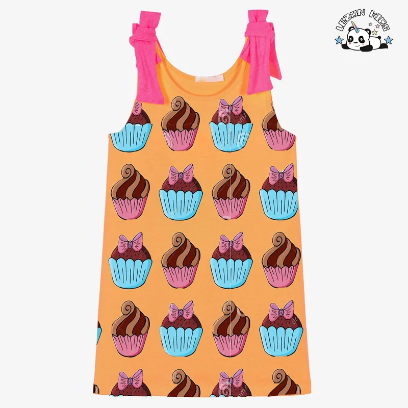 Vestido de verão OEM ODM sem mangas com estampas laranja para meninas até o joelho - Product Image