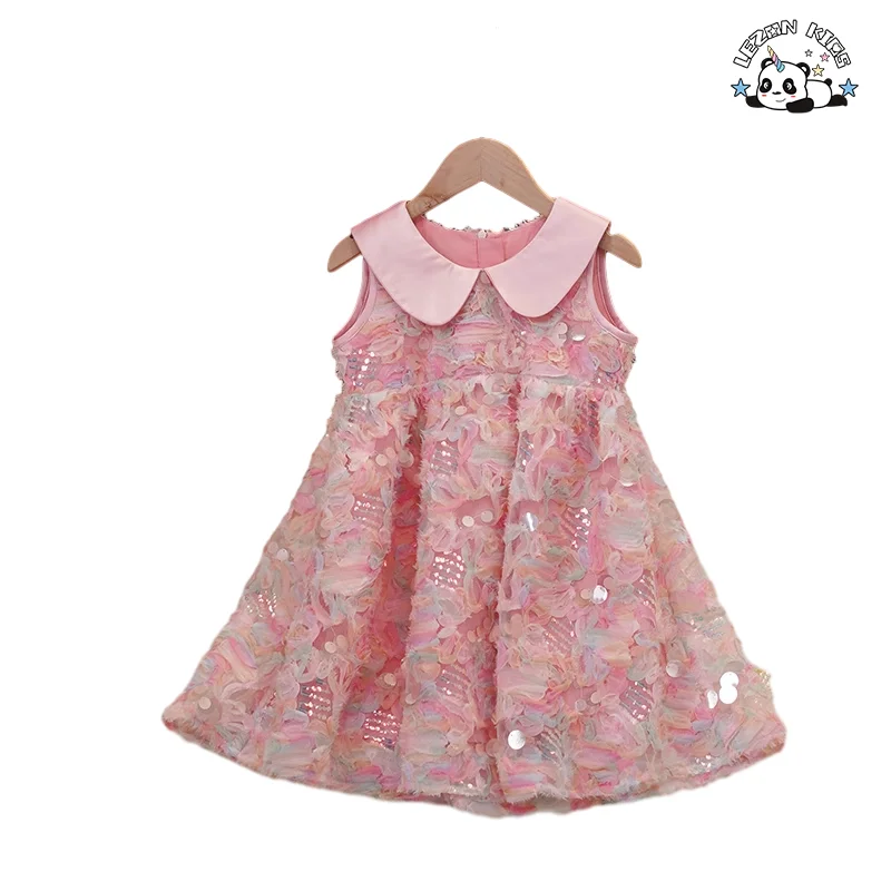 Summer Special Style Clothing Sleeveless Sequin Party  Dress Flower Sweet Girls Dress