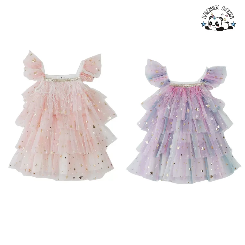 Vestido sem mangas para meninas de verão Crianças com várias camadas Estrelas brilhantes impressas Vestido de Bolo Saia de Princesa com Penas