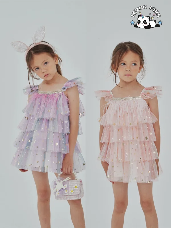 Vestido sem mangas para meninas de verão Crianças com várias camadas Estrelas brilhantes impressas Vestido de Bolo Saia de Princesa com Penas - Product Image