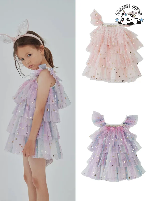 Vestido sem mangas para meninas de verão Crianças com várias camadas Estrelas brilhantes impressas Vestido de Bolo Saia de Princesa com Penas - Product Image