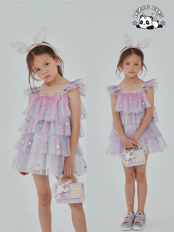 Vestido sem mangas para meninas de verão Crianças com várias camadas Estrelas brilhantes impressas Vestido de Bolo Saia de Princesa com Penas - Product Image
