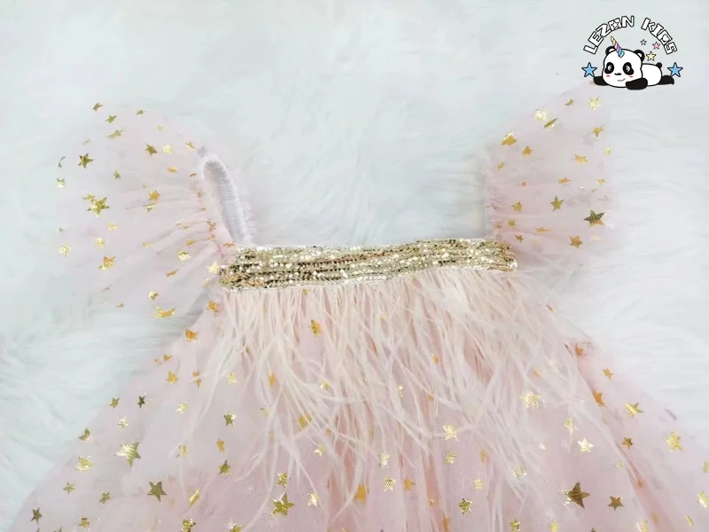 Vestido sem mangas para meninas de verão Crianças com várias camadas Estrelas brilhantes impressas Vestido de Bolo Saia de Princesa com Penas - Product Image