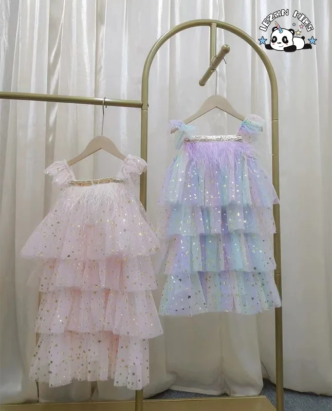 Vestido sem mangas para meninas de verão Crianças com várias camadas Estrelas brilhantes impressas Vestido de Bolo Saia de Princesa com Penas - Product Image