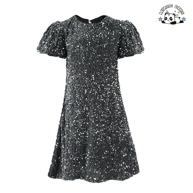 Vestido Infantil Fashion Sequins Manga Curta e Puf Prega A-line Solto para Aniversário