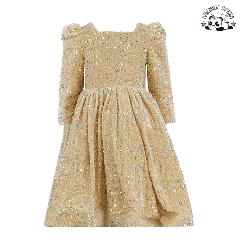 Vestido de Criança Feminino de Moda para Primavera com Manga Longa, Colarinho Quadrado, Tutu de Veludo e Lantejoulas