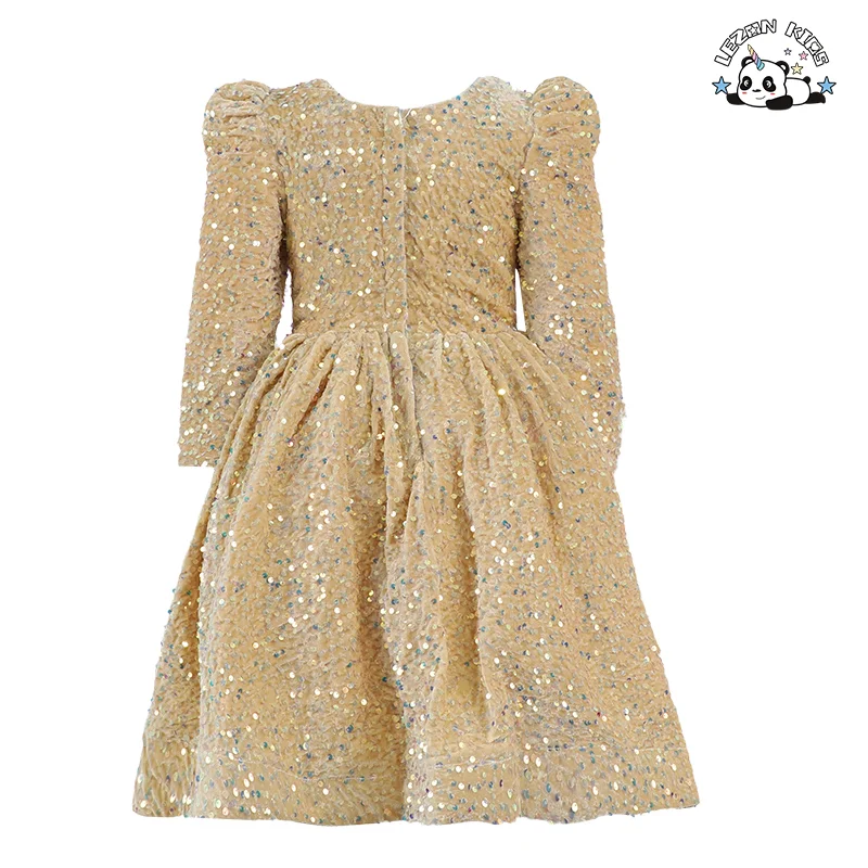 Vestido de Criança Feminino de Moda para Primavera com Manga Longa, Colarinho Quadrado, Tutu de Veludo e Lantejoulas - Product Image