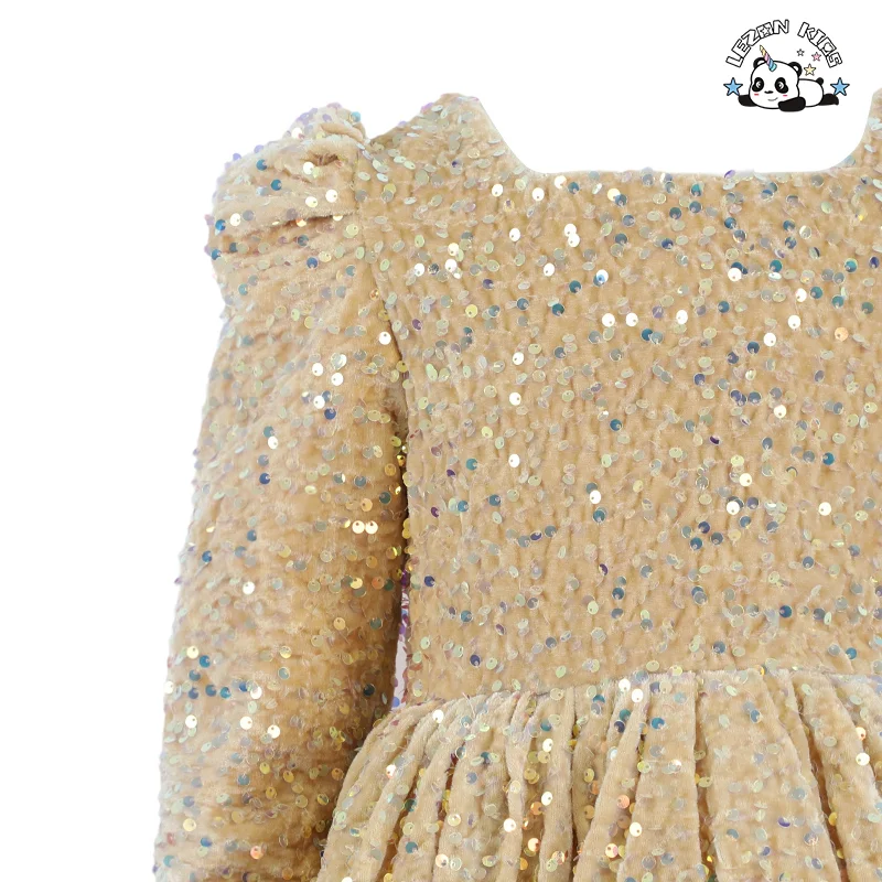 Vestido de Criança Feminino de Moda para Primavera com Manga Longa, Colarinho Quadrado, Tutu de Veludo e Lantejoulas - Product Image