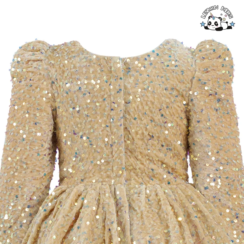 Vestido de Criança Feminino de Moda para Primavera com Manga Longa, Colarinho Quadrado, Tutu de Veludo e Lantejoulas - Product Image