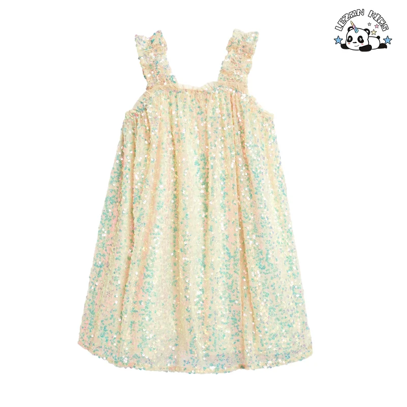 Vestido de Meninas Sem Mangas com Lantejoulas Coloridas para o Verão