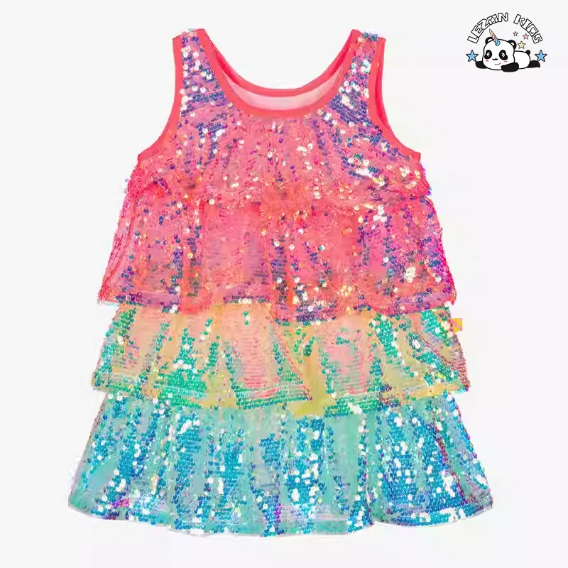 Vestido de Meninas com Lantejoulas Coloridas de Três Camadas para o Verão Sem Mangas Vestido de Bolo de Lantejoulas para Meninas