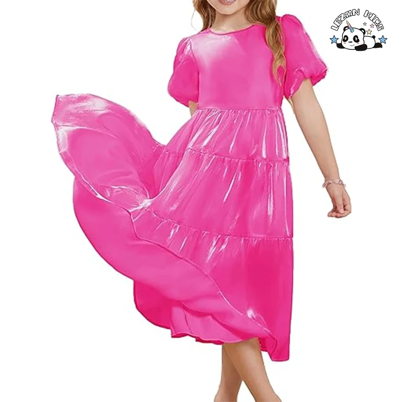 Vintage Floral Puff Sleeve Girls Kids Dress Shining Tutu Layered Formal Party Maxi for 2-14T Spanish Sweet Style