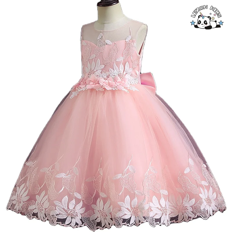 Western style tailed girl wedding dress elegant crew neck baby girls dress design kid beaded dresses for girls of 10 year old
