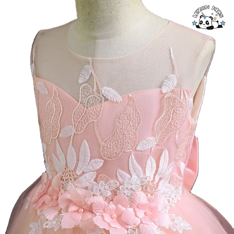 Western style tailed girl wedding dress elegant crew neck baby girls dress design kid beaded dresses for girls of 10 year old - Product Image