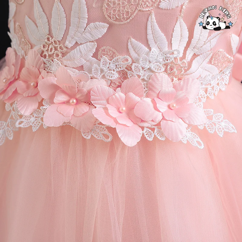 Western style tailed girl wedding dress elegant crew neck baby girls dress design kid beaded dresses for girls of 10 year old - Product Image
