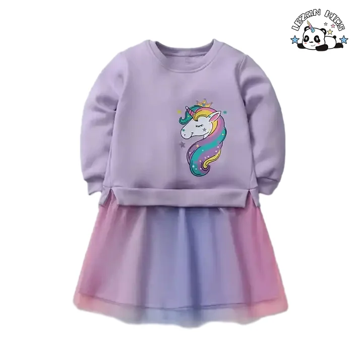 Wholesale Autumn Long Sleeve Kids Dress Cute unicorn Sequin Patches Sweatshirt Tutu Girls Dress - Product Image