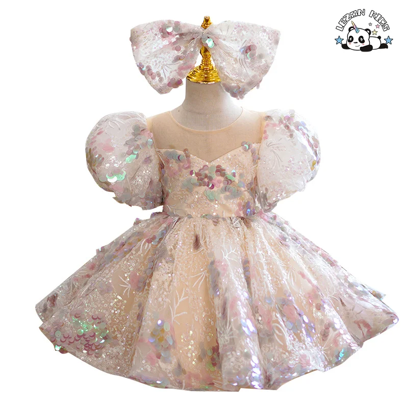 Vestido de Aniversário Infantil de Champagne Disponível para Atacado com Lantejoulas, Vestido de Princesa para Meninas Doces