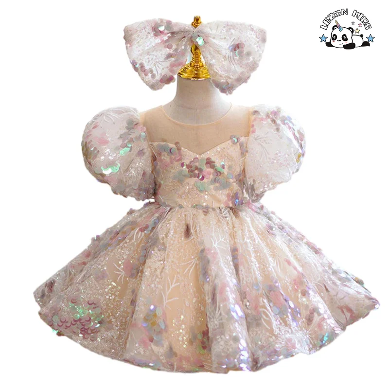 Vestido de Aniversário Infantil de Champagne Disponível para Atacado com Lantejoulas, Vestido de Princesa para Meninas Doces - Product Image
