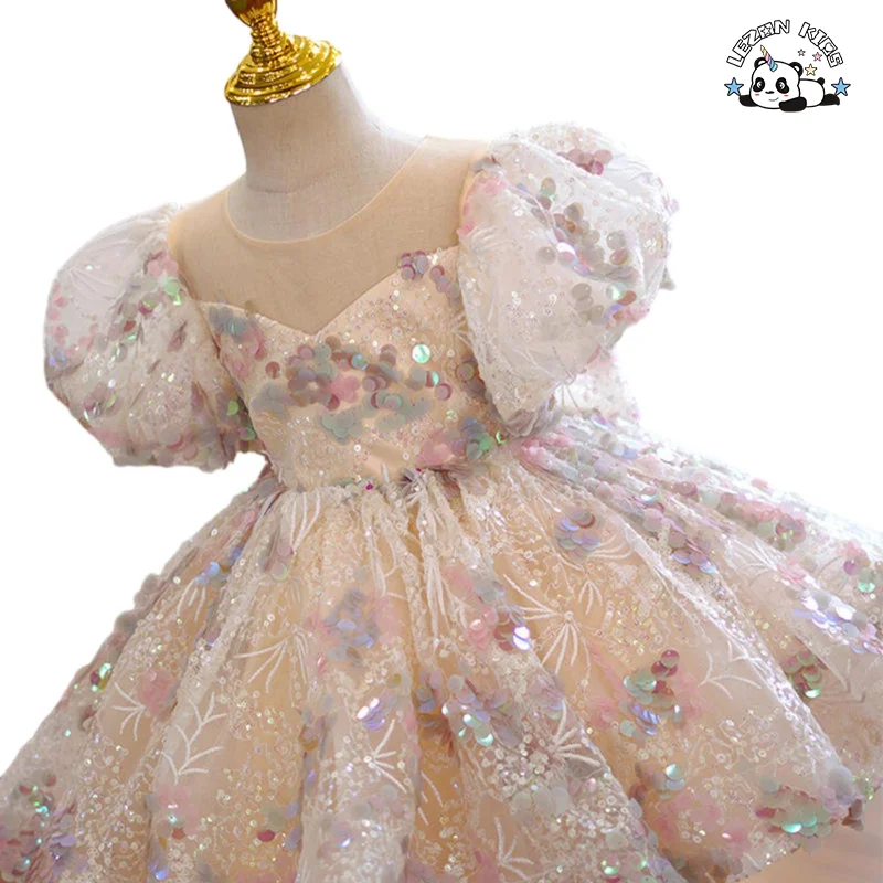 Vestido de Aniversário Infantil de Champagne Disponível para Atacado com Lantejoulas, Vestido de Princesa para Meninas Doces - Product Image