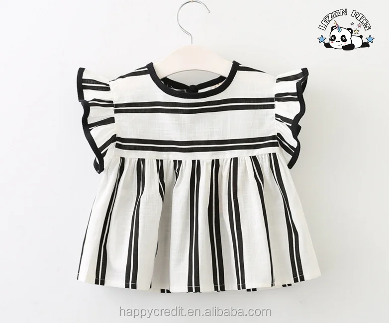 Wholesale Children Clothing Custom Cotton Linen Girls Ruffle Sleeve Dress in Black White