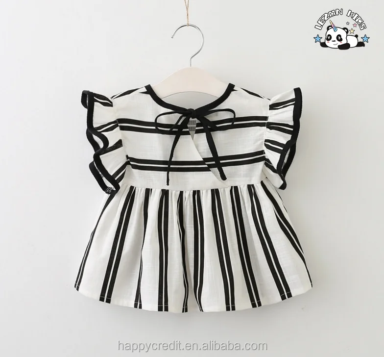 Wholesale Children Clothing Custom Cotton Linen Girls Ruffle Sleeve Dress in Black White - Product Image