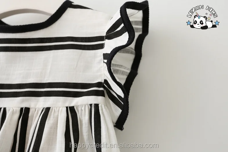 Wholesale Children Clothing Custom Cotton Linen Girls Ruffle Sleeve Dress in Black White - Product Image