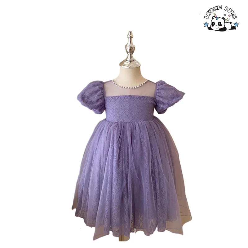 Varejo de Vestido de Tule para Meninas com Manga Bufante Roxa Personalizado para o Verão