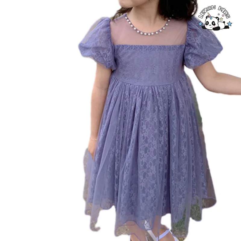 Varejo de Vestido de Tule para Meninas com Manga Bufante Roxa Personalizado para o Verão - Product Image
