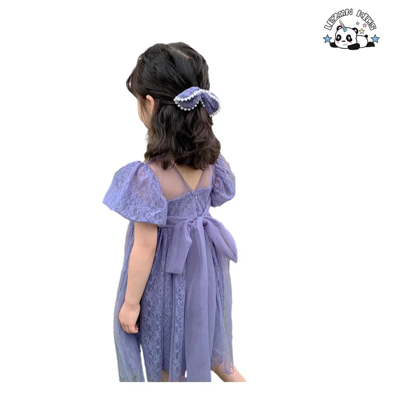 Varejo de Vestido de Tule para Meninas com Manga Bufante Roxa Personalizado para o Verão - Product Image