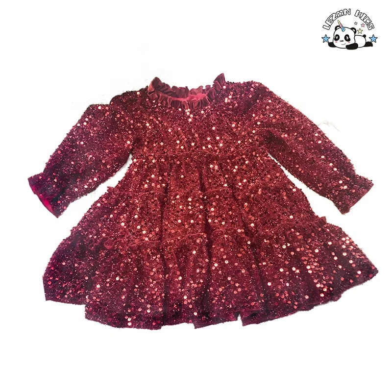 Wholesale Customized Red Long Sleeve Princess Velvet Sequined Dress Kids Dress for Girls