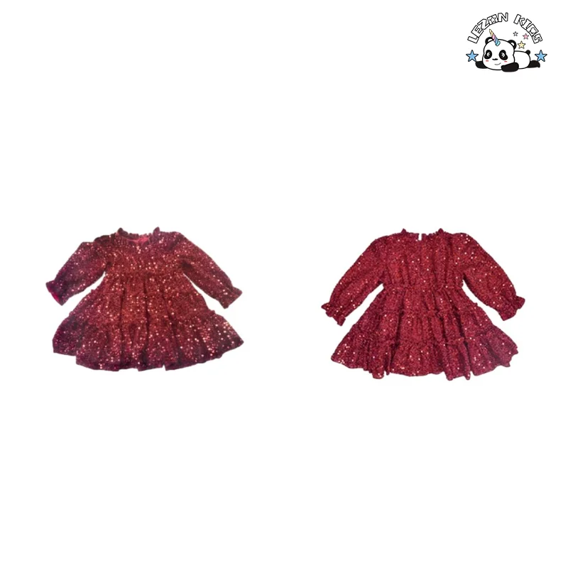 Wholesale Customized Red Long Sleeve Princess Velvet Sequined Dress Kids Dress for Girls - Product Image