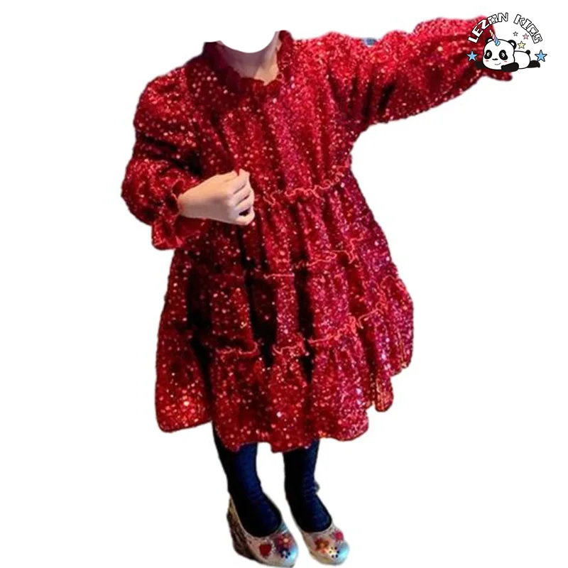 Wholesale Customized Red Long Sleeve Princess Velvet Sequined Dress Kids Dress for Girls - Product Image