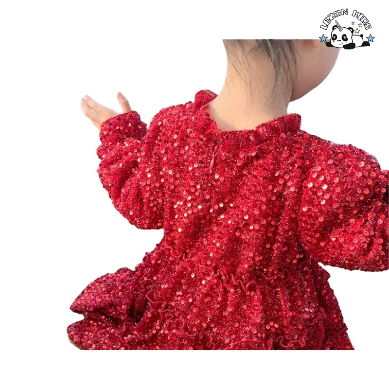 Wholesale Customized Red Long Sleeve Princess Velvet Sequined Dress Kids Dress for Girls - Product Image