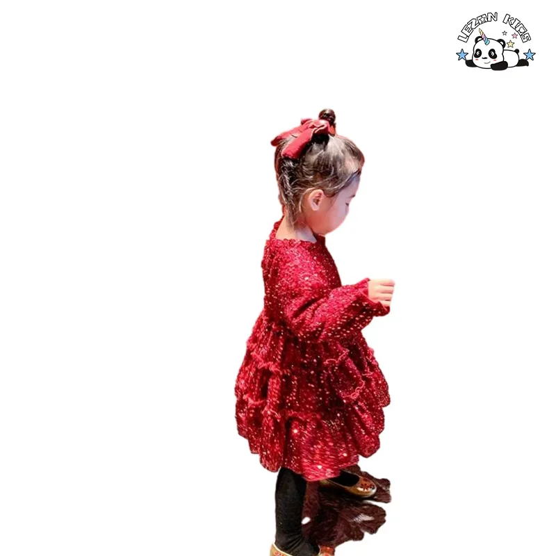 Wholesale Customized Red Long Sleeve Princess Velvet Sequined Dress Kids Dress for Girls - Product Image