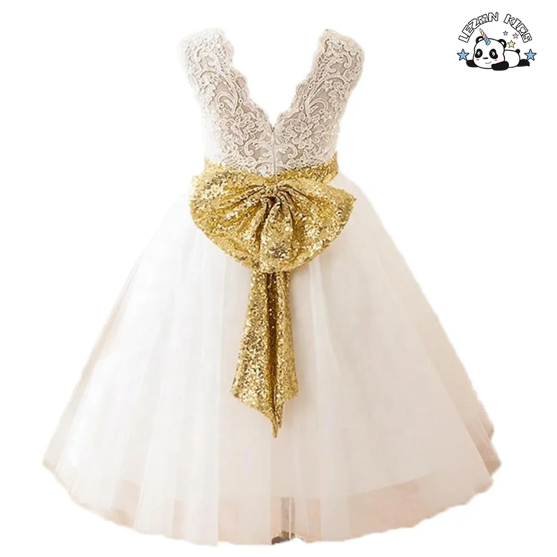 Vestidos de Noiva para Meninas Brancas sem Mangas com Lantejoulas e Laço para Casamentos - Product Image