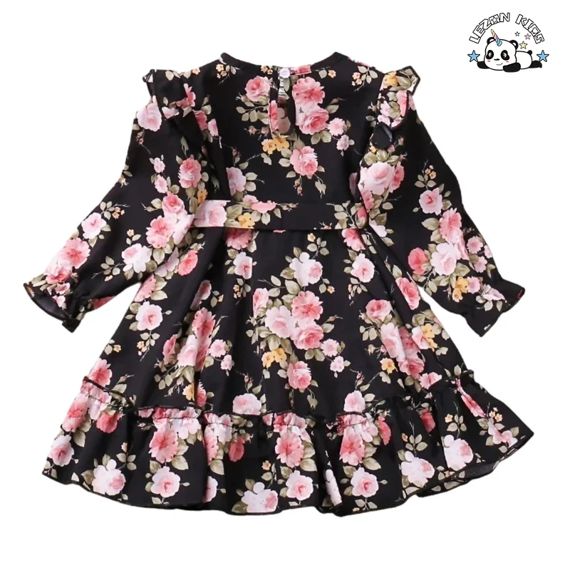 Venda por Atacado de Vestido de Meninas com Manga Longa e Babados de Flor de Poliéster para Primavera, Outono e Inverno - Product Image