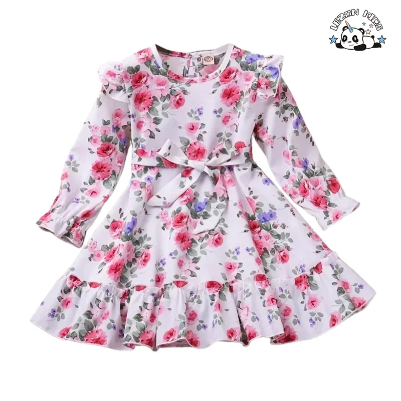 Venda por Atacado de Vestido de Meninas com Manga Longa e Babados de Flor de Poliéster para Primavera, Outono e Inverno - Product Image