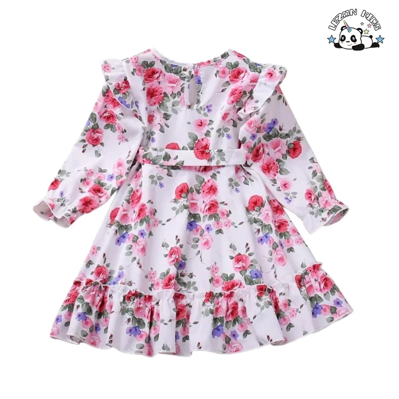 Venda por Atacado de Vestido de Meninas com Manga Longa e Babados de Flor de Poliéster para Primavera, Outono e Inverno - Product Image
