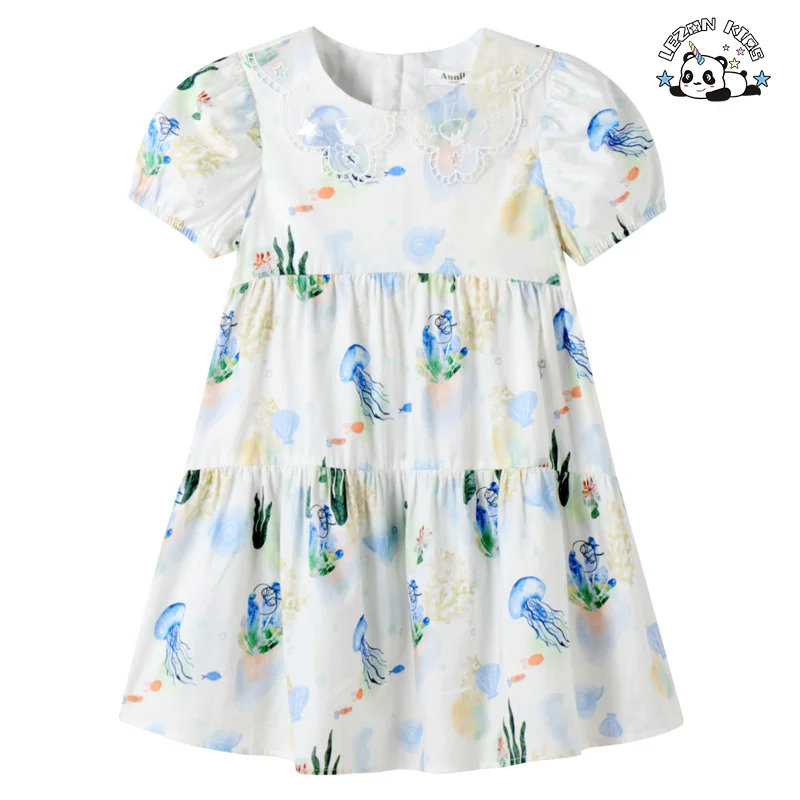 Wholesale High Quality Children's Short Sleeve Dress 2023 Summer Puff Sleeve Floral Cotton Printed Dress for Girls