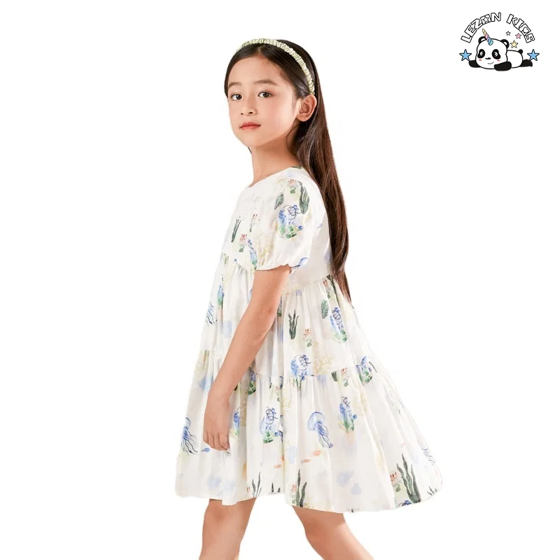 Wholesale High Quality Children's Short Sleeve Dress 2023 Summer Puff Sleeve Floral Cotton Printed Dress for Girls - Product Image